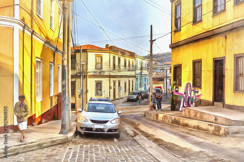 View on vintage street colorful painting looks like picture