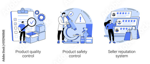 Customer satisfaction abstract concept vector illustration set. Product quality and safety control, seller reputation system, customer feedback, warranty certificate, shop rating abstract metaphor.