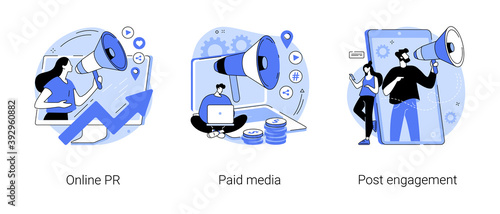 Digital PR service abstract concept vector illustration set. Online PR, paid media, post engagement, copywriting, corporate communication, follower interaction, public relations abstract metaphor.