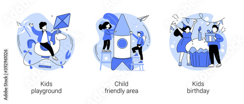 Children entertainment abstract concept vector illustration set. Kids playground, child friendly area, kids birthday, family restaurant, shopping mall, party ideas, celebration abstract metaphor.