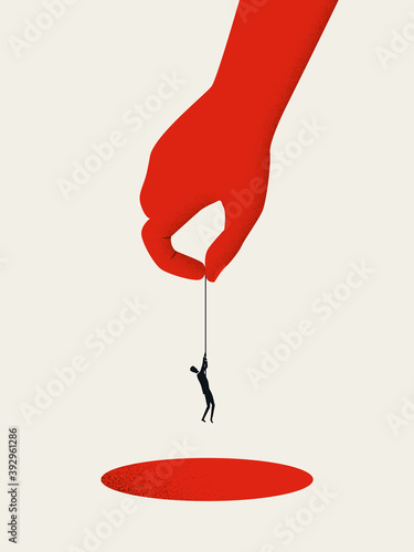 Bailout, business help and support vector concept. Hand pulling businessman out of hole.