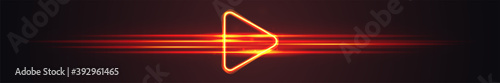 Wide gaming banner with glowing triangle play icon. Neon lights line background.
