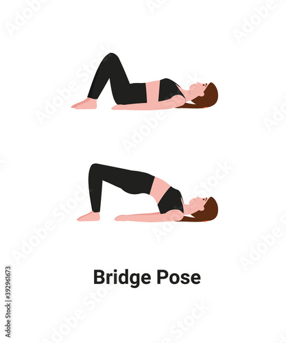Woman do Setu Bandhasana or Setu Bandha Sarvangasana or Bridge Pose yoga for back pain. Flat vector cartoon isolated illustration.