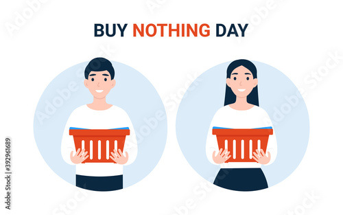 Buy Nothing Day BND , happy couple people with empty grocery cart. Concept of protest against consumerism.