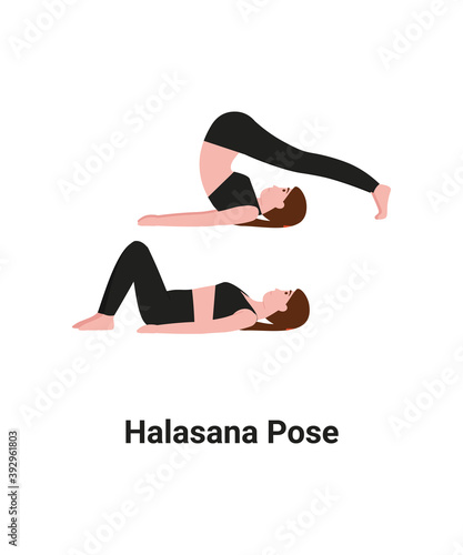 Woman do Halasana or Plough pose yoga for back pain. Flat vector cartoon isolated illustration.