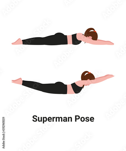 Woman do Superman or Viparita Shalabhasana yoga pose for back pain. Flat vector cartoon illustration.