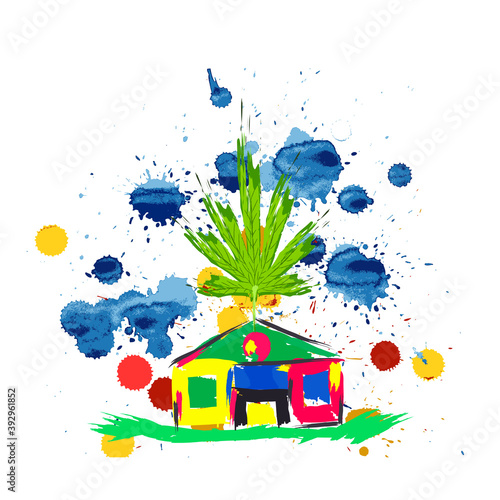 Colorful house or hemp farm with large strokes. Cartoon background for design. Vector