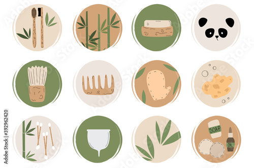 Vector set of logo design templates, icons and badges for social media highlights and covers with trendy cute zero waste ecological concept elements and symbols