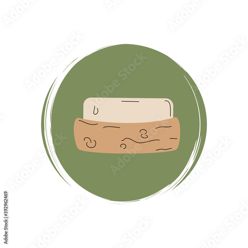 Cute logo or icon vector with soap in a wooden dish, illustration on circle with brush texture, for social media story and highlights