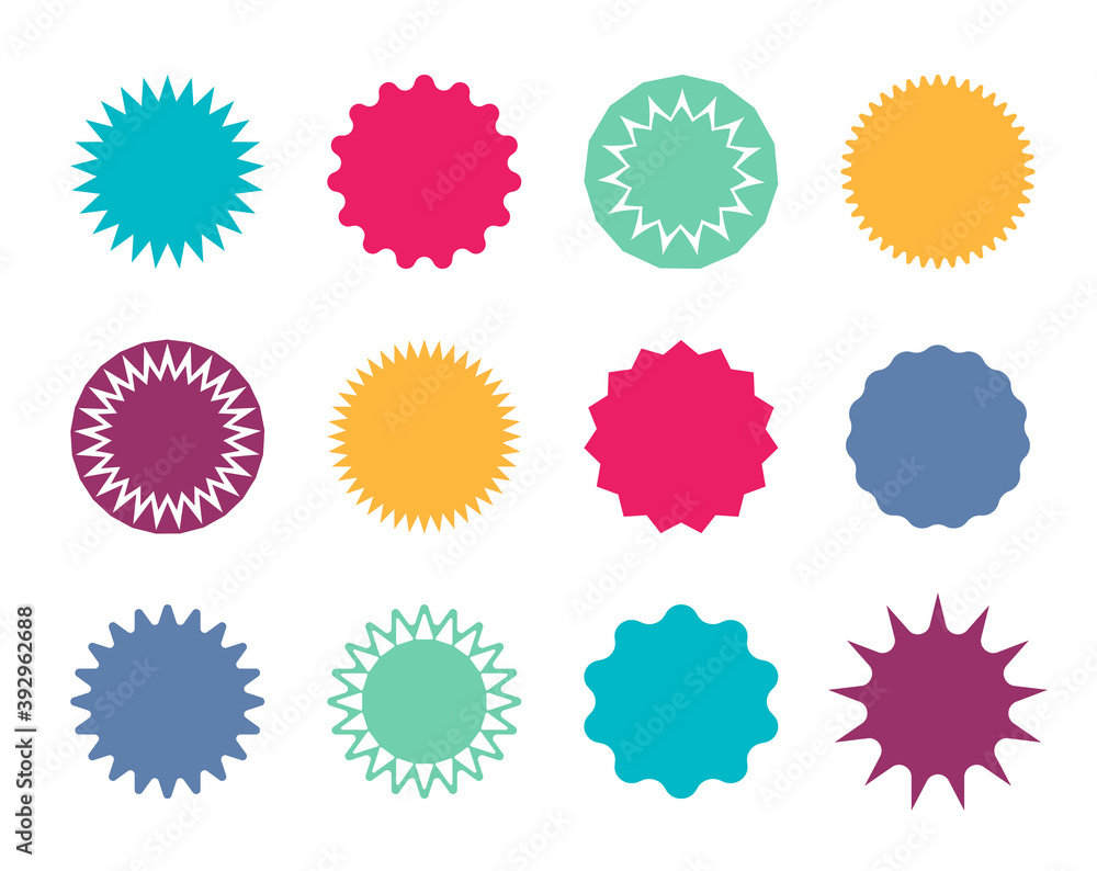 Starburst badge. Circle stickers with jagged edges. Round shapes for price and promo. Blank pricetag for sale. Red, blue, green label for promotion, website and design. Colorful graphic stars. Vector Starburst badge. Circle stickers with jagged edges. Round shapes for price and promo. Blank pricetag for sale. Red, blue, green label for promotion, website and design. Colorful graphic stars. Vector