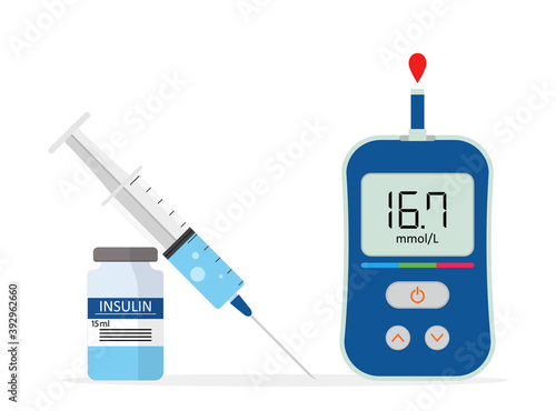 Insulin in syringe and vial with glucometer for diabetes. Icon of diabetes. Level of glucose in blood. Device for meter of sugar at home. Tester with check. Test of glycemia in patient. Vector