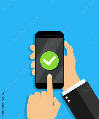 Mobile phone with tick of success update. Smartphone in hand with checkmark. Check of app in cellphone. Icon of done, ok, accept in screen. Green mark of success verify. Approve transaction. Vector.