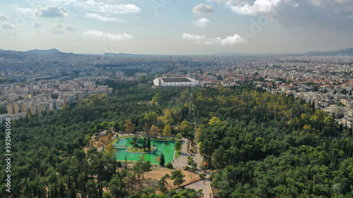 Aerial drone photo of famous park of Filadelfia or Philadelfia in a winter morning in the heart of Athens near Parnitha mountain, Attica, Greece © aerial-drone