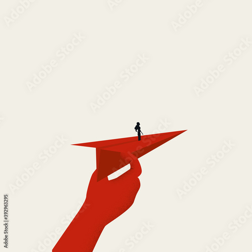 Businesswoman on a paper plane vector concept. Symbol of leadership, ambition and motivation.