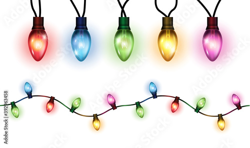 Vector realistic glowing colorful christmas lights in seamless pattern and individual hanging light bulbs isolated on white background