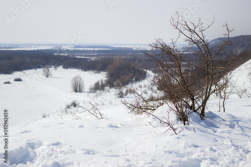 Winter countryside landscape in the Middle Volga region, Russia.