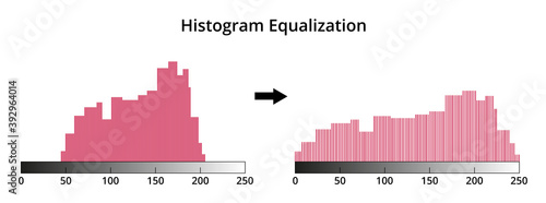 Vector illustration of histogram equalization isolated on white. A method in raster image processing of contrast adjustment. Increasing the global contrast of one or many photos, images. Image editing