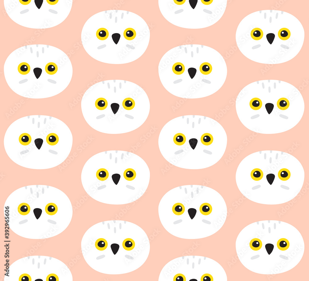 Fototapeta premium Vector seamless pattern of flat cartoon hand drawn polar white owl face isolated on pink background