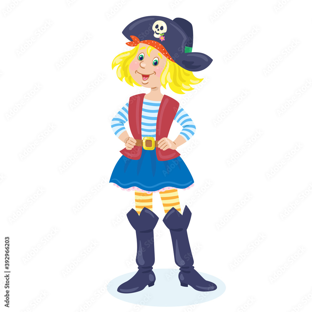 Carnival costumes. Nice girl dressed as a pirate. In cartoon style. Isolated on white background. Vector flat illustration.