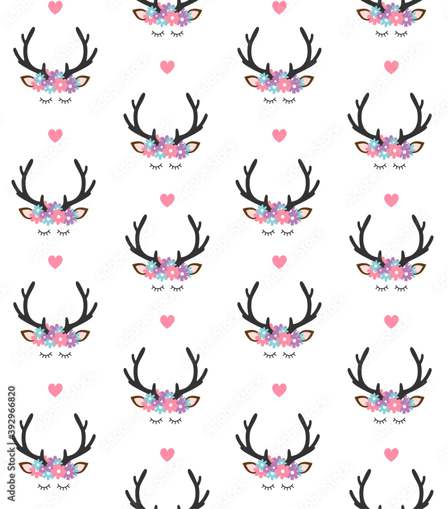 Vector seamless pattern of flat cartoon deer head with flowers and hearts isolated on white background