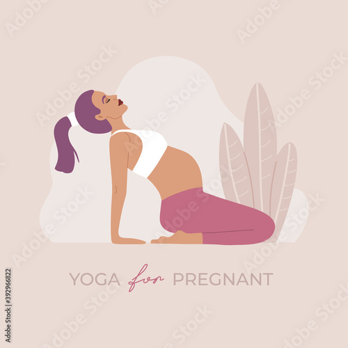 Yoga for pregnant, active young girl performing physical exercise and asana position. A healthy woman relaxes and meditates, hand drawn illustration in modern flat cartoon style, pink colors isolated