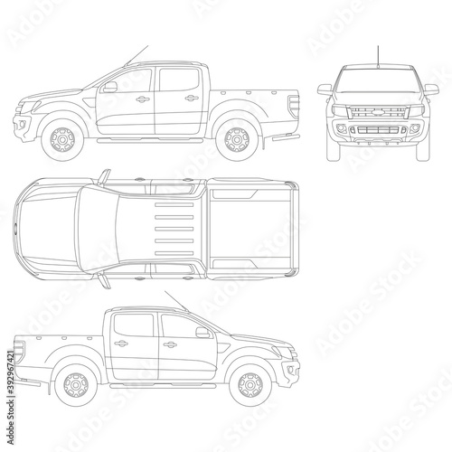 Pickup truck vector template. Truck blueprint. 4x4 car on white background. Mockup template for branding. Blank vehicle branding mockup