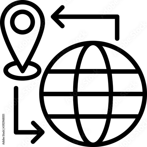 
Gps pointer with world globe, navigation concept, line vector icon 
