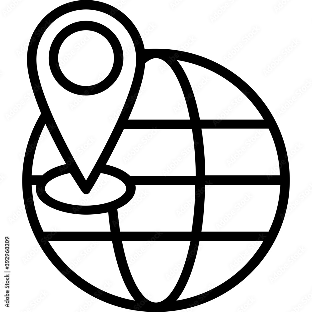 
Gps pointer with world globe, navigation concept, line vector icon 

