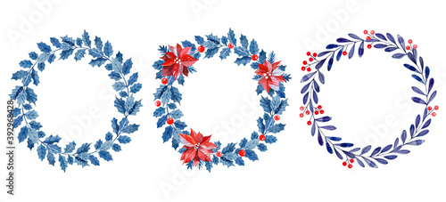 Set of three Christmas floral blue wreaths. Winter floral. Watercolor illustration. Isolated on white background. for card, posters and invitation