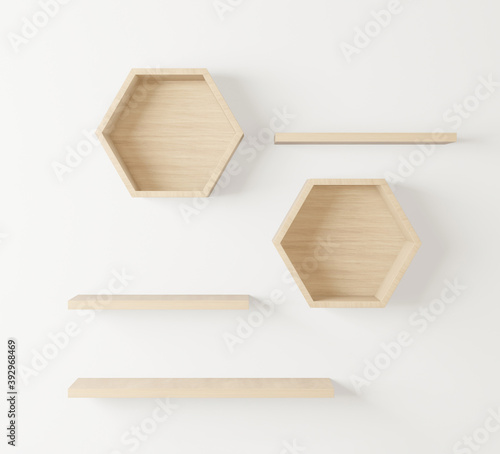 wooden Hexagon shelf and empty shelf, copy space, mock up, hexegon photo