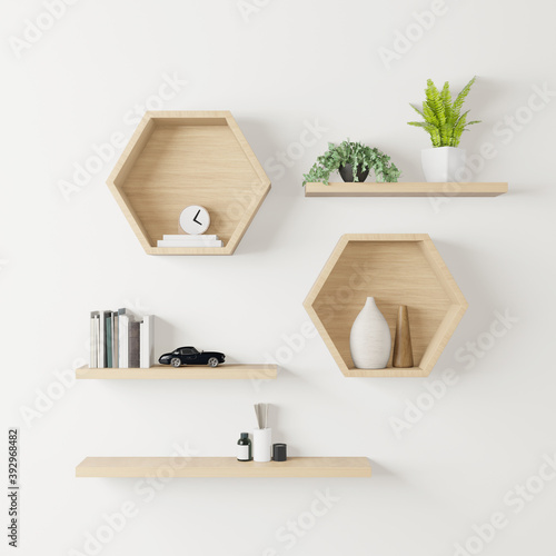 wooden Hexagon shelf little tree, books and toys copy space, mock up, hexegon photo