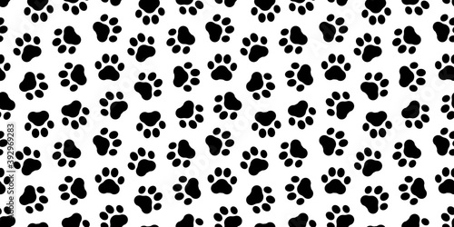 Pet prints. Paw seamless pattern. Cute background for pets, dog or cat. Foot puppy. Black silhouette shape paw. Footprint pet. Animal track. Trace foot dog, cat. Design walks pet for print. Vector