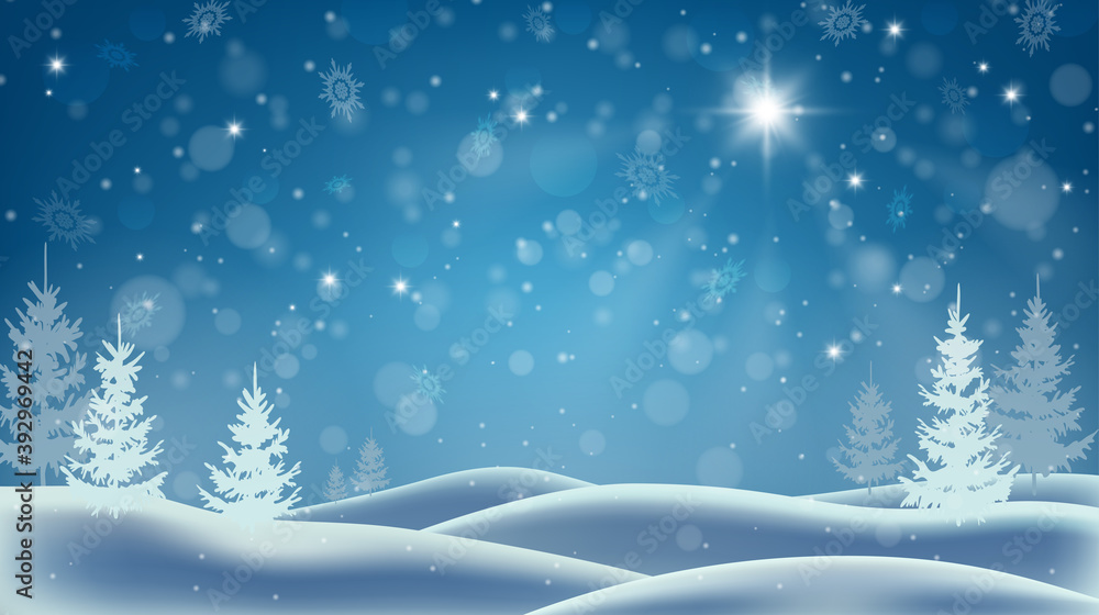 Shining Christmas star. Winter night. Snowstorm in the forest. Deep drifts and falling snowflakes. Christmas background.
