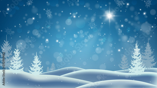 Shining Christmas star. Winter night. Snowstorm in the forest. Deep drifts and falling snowflakes. Christmas background.