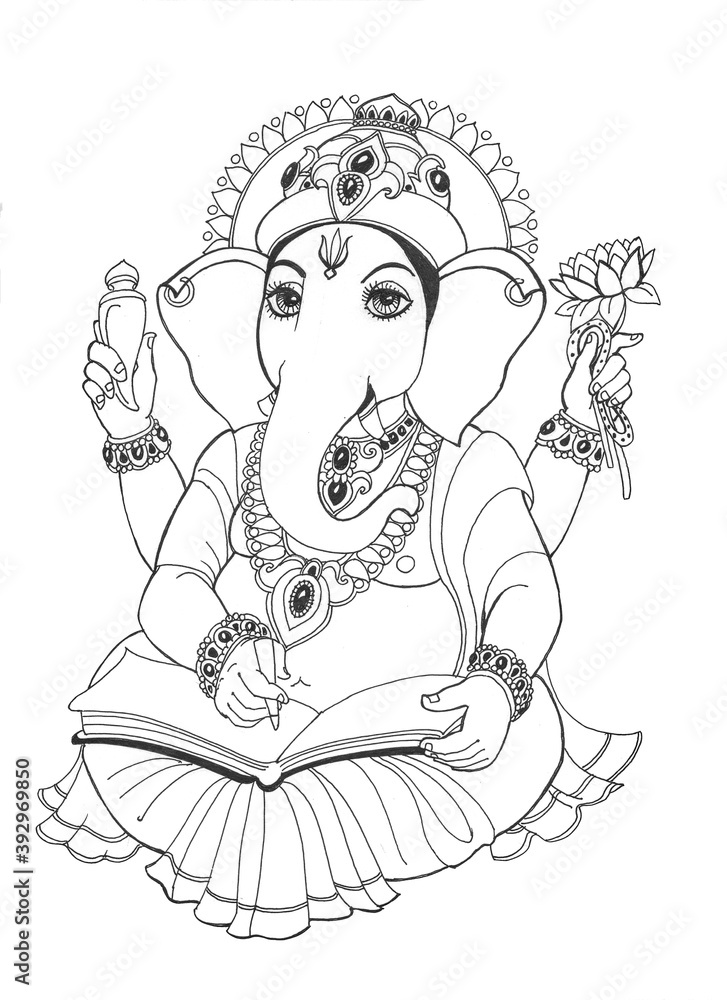 Fototapeta premium God Ganesha is an elephant with a holy book, which he writes with his broken tusk, drawing with a black line on a white background.