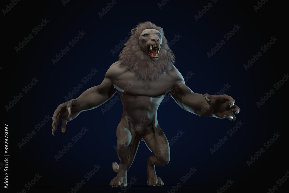 Fantasy character Humanoid Lion in epic pose - 3D render Fantasy character Humanoid Lion in epic pose - 3D render