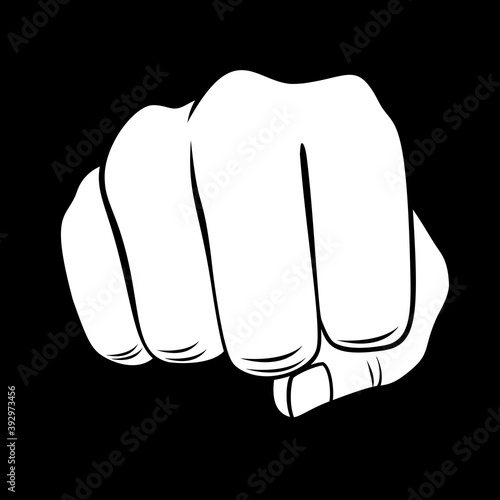 White Fist Isolated on Black Background. Thin Line Icon for Website Design. A Realistic Black and White Sketch