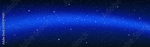 Milky way wide banner. Space starry background. Bright cosmic wallpaper. Cosmos texture with shining stars. Dark universe with stardust. Vector illustration