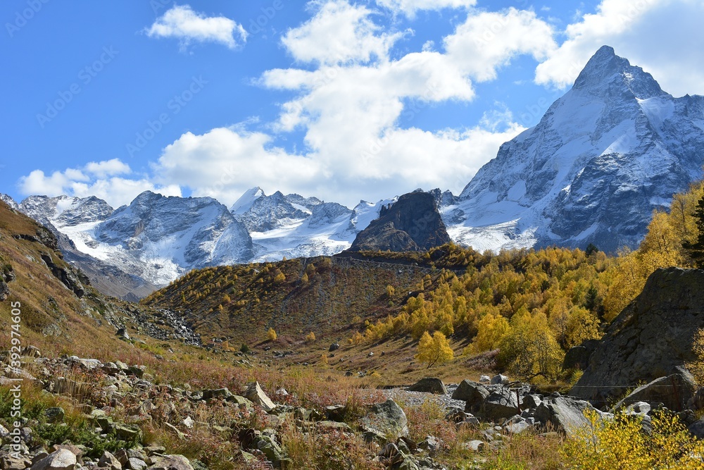 Autumn views of Adyl Su gorge in the Caucasus Mountains