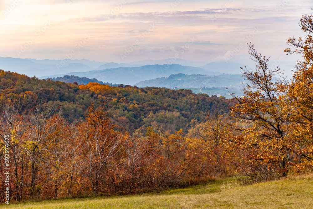 Spettacolare paesaggio con colline italiane durante l'autunno con colori saturi