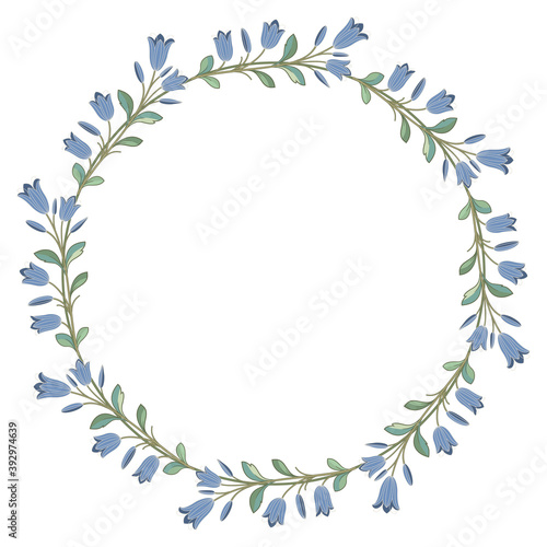 Round floral frame or background. Wreath of bluebell flowers. Folk style.