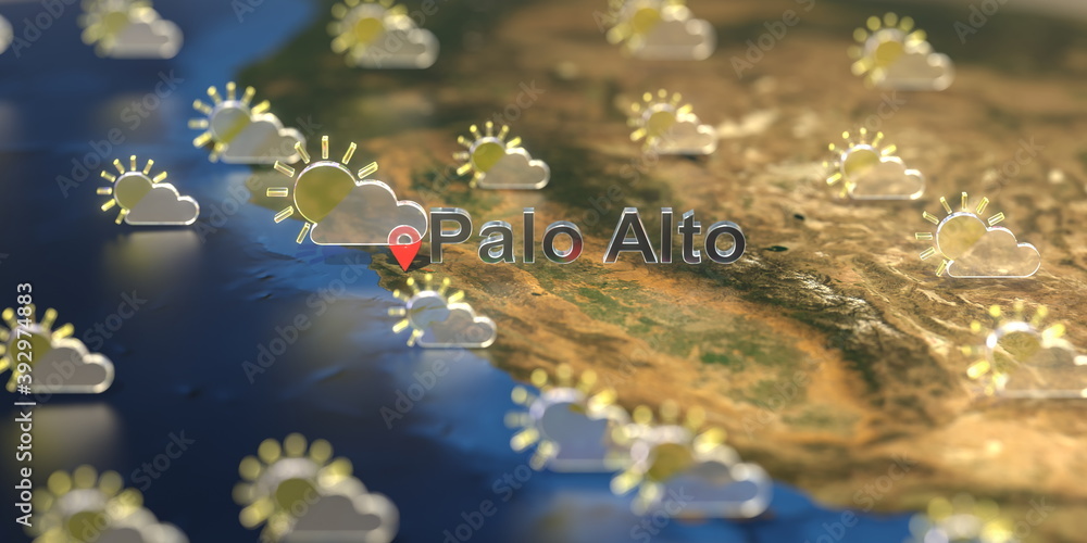 Partly cloudy weather icons near Palo Alto city on the map, weather forecast related 3D rendering Partly cloudy weather icons near Palo Alto city on the map, weather forecast related 3D rendering
