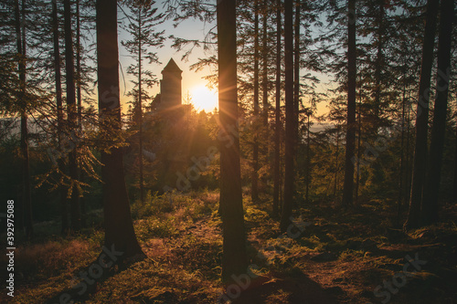 Castle Kasperk at sunset, Sumava national park, Czech republic