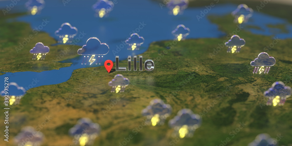 Lille city and stormy weather icon on the map, weather forecast related 3D rendering Lille city and stormy weather icon on the map, weather forecast related 3D rendering