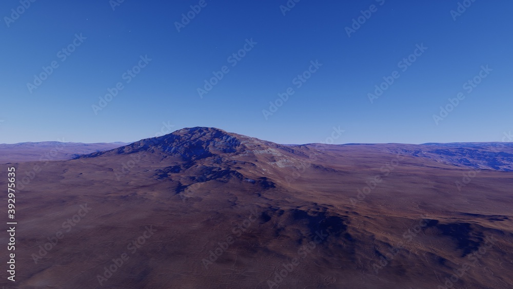 Exoplanet fantastic landscape. Beautiful views of the mountains and sky with unexplored planets. 3D illustration.