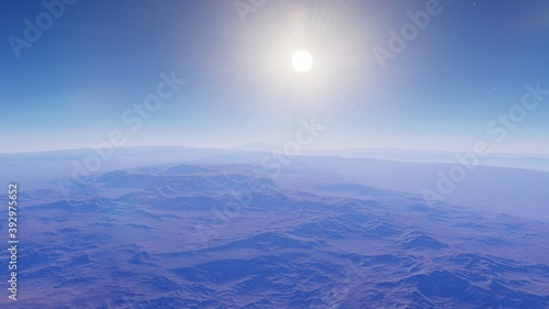 Exoplanet fantastic landscape. Beautiful views of the mountains and sky with unexplored planets. 3D illustration.