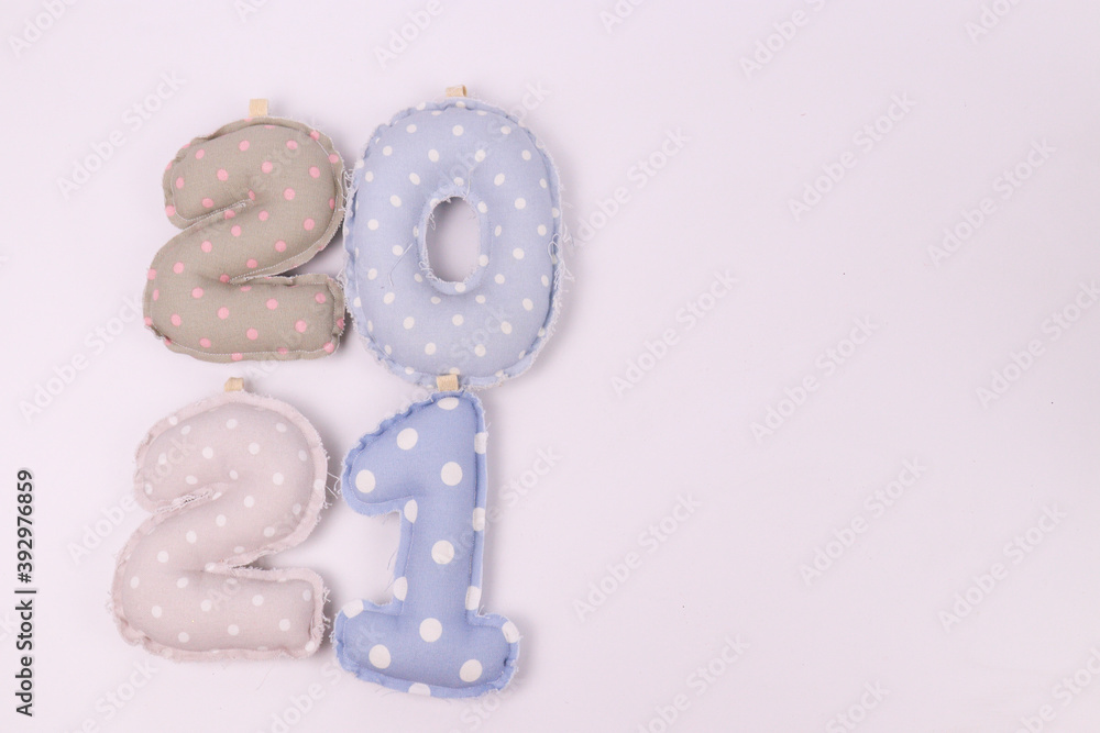 New Year Celebration 2021, Cute 2021 alphabet cotton fabric, white background New Year Celebration 2021, Cute 2021 alphabet cotton fabric, white background