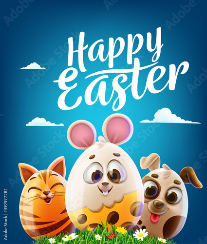 eggs decorated with dog cat mouse farm animals for easter greeting card