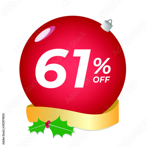 61% off. Sixty-one percent discount. Christmas sale banner. Red bubble with ornaments on a white background vector.