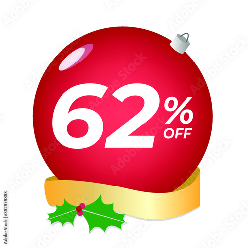 62% off. Sixty-two percent discount. Christmas sale banner. Red bubble with ornaments on a white background vector.